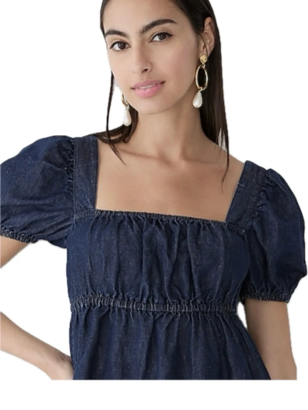 Square Neck Puff Sleeve Denim Mini Dress - Navy